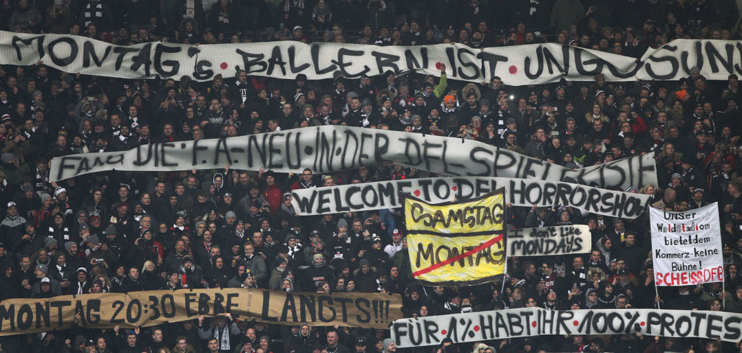 Fans protest against scheduling football games on mondays (Montagsspiele) during the German First division Bundesliga football match Eintracht Frankfurt vs RB Leipzig in Frankfurt, Germany, on February 19, 2018. / AFP PHOTO / Daniel ROLAND / RESTRICTIONS: DURING MATCH TIME: DFL RULES TO LIMIT THE ONLINE USAGE TO 15 PICTURES PER MATCH AND FORBID IMAGE SEQUENCES TO SIMULATE VIDEO. == RESTRICTED TO EDITORIAL USE == FOR FURTHER QUERIES PLEASE CONTACT DFL DIRECTLY AT + 49 69 650050 (Photo credit should read DANIEL ROLAND/AFP/Getty Images)
