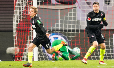 Cologne´s French midfielder Vincent Koziello (L) celebrates scoring with Cologne's German defender Jonas Hector during the German first division Bundesliga football match RB Leipzig vs FC Cologne in Leipzig, eastern Germany, on February 25, 2018. / AFP PHOTO / ROBERT MICHAEL / RESTRICTIONS: DURING MATCH TIME: DFL RULES TO LIMIT THE ONLINE USAGE TO 15 PICTURES PER MATCH AND FORBID IMAGE SEQUENCES TO SIMULATE VIDEO. == RESTRICTED TO EDITORIAL USE == FOR FURTHER QUERIES PLEASE CONTACT DFL DIRECTLY AT + 49 69 650050 (Photo credit should read ROBERT MICHAEL/AFP/Getty Images)