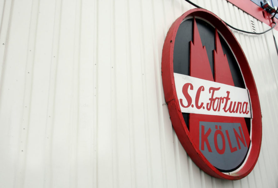 COLOGNE, GERMANY - APRIL 30: The logo of the online community 'deinfussballclub.de' and Fortuna Koeln are seen on April 30, 2009 in Cologne, Germany. 'deinfussballclub.de' is the biggest investor of Fortuna Koeln. Members of 'deinfussballclub.de' can participate in many club decisions. (Photo by Lars Baron/Bongarts/Getty Images)