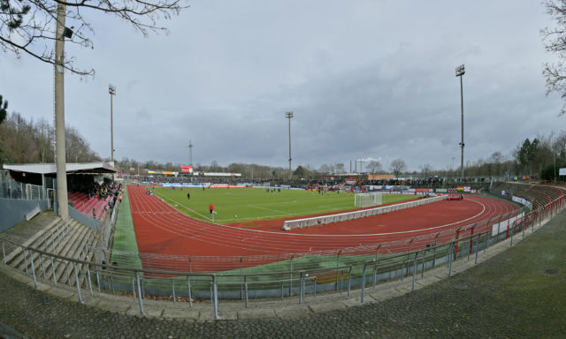 COLOGNE, GERMANY - FEBRUARY 08: (EDITORS NOTE: A fisheye lens was used creating this photo) A general view of the stadium prior to the Third League match between between Fortuna Koeln and Arminia Bielefeld at Suedstadion on February 8, 2015 in Cologne, Germany. (Photo by Thomas Starke/Bongarts/Getty Images)