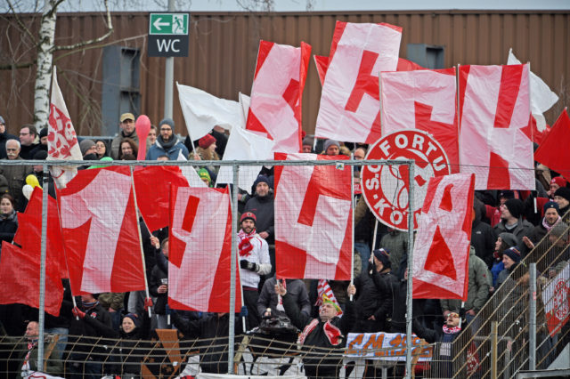 COLOGNE, GERMANY - FEBRUARY 08: Supporters of Koeln cheer their team during the Third League match between between Fortuna Koeln and Arminia Bielefeld at Suedstadion on February 8, 2015 in Cologne, Germany. (Photo by Thomas Starke/Bongarts/Getty Images)