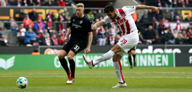 COLOGNE, GERMANY - MARCH 04: Claudio Pizarro of Koeln scores the first goal during the Bundesliga match between 1. FC Koeln and VfB Stuttgart at RheinEnergieStadion on March 4, 2018 in Cologne, Germany. (Photo by Christof Koepsel/Bongarts/Getty Images)