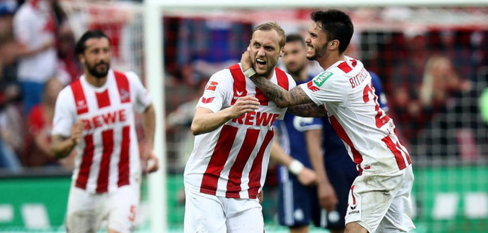 COLOGNE, GERMANY - APRIL 22: Marcel Risse #7 of Koeln celebrates after he scores the 2nd goal during the Bundesliga match between 1. FC Koeln and FC Schalke 04 at RheinEnergieStadion on April 22, 2018 in Cologne, Germany. (Photo by Maja Hitij/Bongarts/Getty Images)