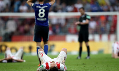 COLOGNE, GERMANY - APRIL 22: Marco Hoeger of Koeln lies dejected on the pitch after the Bundesliga match between 1. FC Koeln and FC Schalke 04 at RheinEnergieStadion on April 22, 2018 in Cologne, Germany. (Photo by Maja Hitij/Bongarts/Getty Images)
