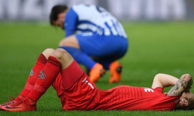 BERLIN, GERMANY - APRIL 14: Marcel Risse of Koeln lies on the pitch dejected after the Bundesliga match between Hertha BSC and 1. FC Koeln at Olympiastadion on April 14, 2018 in Berlin, Germany. (Photo by Stuart Franklin/Bongarts/Getty Images)