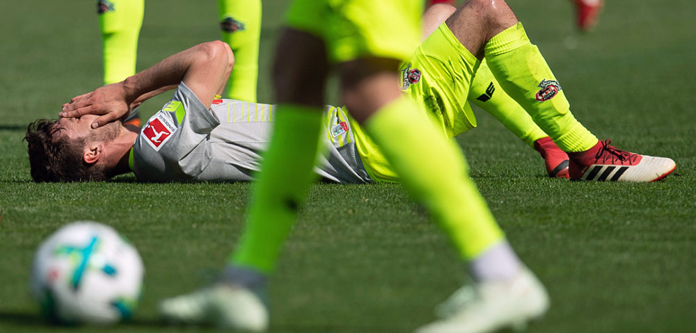 FREIBURG IM BREISGAU, GERMANY - APRIL 28: Jonas Hector of Koeln shows his disappointment during the Bundesliga match between Sport-Club Freiburg and 1. FC Koeln at Schwarzwald-Stadion on April 28, 2018 in Freiburg im Breisgau, Germany. (Photo by Matthias Hangst/Bongarts/Getty Images)