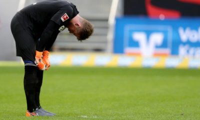 SINSHEIM, GERMANY - MARCH 31: Timo Horn of Koeln looks dejected after the sixth goal of Hoffenheim during the Bundesliga match between TSG 1899 Hoffenheim and 1. FC Koeln at Wirsol Rhein-Neckar-Arena on March 31, 2018 in Sinsheim, Germany.