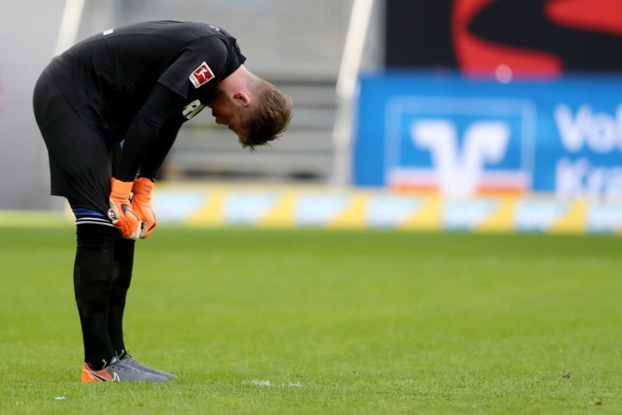 SINSHEIM, GERMANY - MARCH 31: Timo Horn of Koeln looks dejected after the sixth goal of Hoffenheim during the Bundesliga match between TSG 1899 Hoffenheim and 1. FC Koeln at Wirsol Rhein-Neckar-Arena on March 31, 2018 in Sinsheim, Germany.