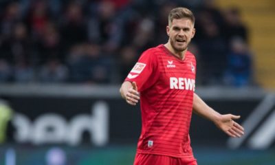 FRANKFURT AM MAIN, GERMANY - FEBRUARY 10: Simon Terodde of Koeln reacts during the Bundesliga match between Eintracht Frankfurt and 1. FC Koeln at Commerzbank-Arena on February 10, 2018 in Frankfurt am Main, Germany. (Photo by Simon Hofmann/Bongarts/Getty Images)