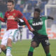 REGGIO NELL'EMILIA, ITALY - NOVEMBER 03: Claud Adjapong (R) of US Sassuolo Calcio competes with Louis Schaub of SK Rapid Wien during the UEFA Europa League match between US Sassuolo Calcio and SK Rapid Wien at Mapei Stadium - Citta' del Tricolore on November 3, 2016 in Reggio nell'Emilia, Italy . (Photo by Dino Panato/Getty Images)