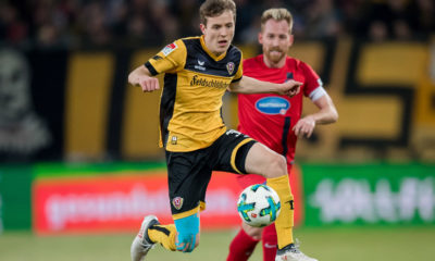 DRESDEN, GERMANY - MARCH 09: Niklas Hauptmann of Dresden plays the ball during the Second Bundesliga match between SG Dynamo Dresden and 1. FC Heidenheim 1846 at DDV-Stadion on March 9, 2018 in Dresden, Germany. (Photo by Thomas Eisenhuth/Bongarts/Getty Images)