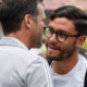 EPPAN, ITALY - MAY 23: (L-R) Team manager Oliver Bierhoff greets Jonas Hector as he arrives on day one of the Germany National Football team's training camp at Hotel Weinegg on May 23, 2018 in Eppan, Italy. (Photo by Markus Gilliar/DFB - Pool/Getty Images)