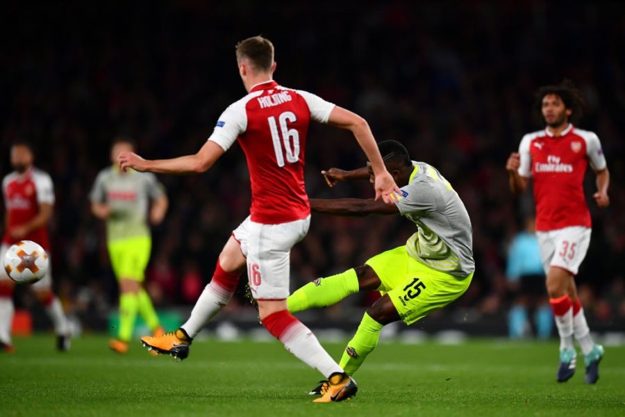 LONDON, ENGLAND - SEPTEMBER 14: Jhon Cordoba of FC Koeln scores the first goal during the UEFA Europa League group H match between Arsenal FC and 1. FC Koeln at Emirates Stadium on September 14, 2017 in London, United Kingdom. (Photo by Dan Mullan/Getty Images)