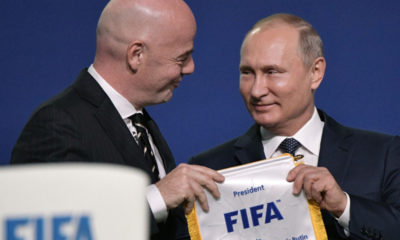 FIFA president Gianni Infantino (L) and Russian President Vladimir Putin attend the 68th FIFA Congress at the Expocentre in Moscow on June 13, 2018. (Photo by Alexey NIKOLSKY / SPUTNIK / AFP) (Photo credit should read ALEXEY NIKOLSKY/AFP/Getty Images)