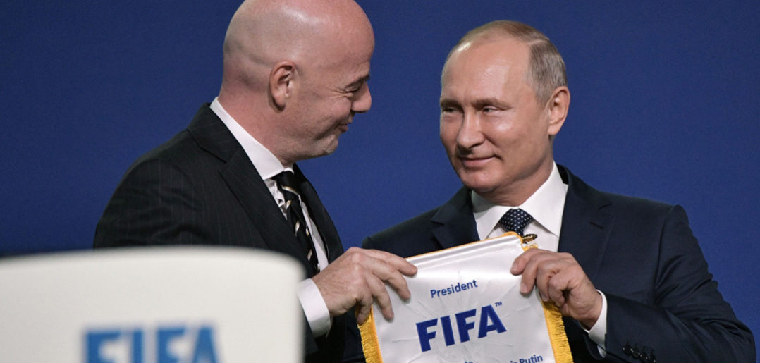 FIFA president Gianni Infantino (L) and Russian President Vladimir Putin attend the 68th FIFA Congress at the Expocentre in Moscow on June 13, 2018. (Photo by Alexey NIKOLSKY / SPUTNIK / AFP) (Photo credit should read ALEXEY NIKOLSKY/AFP/Getty Images)