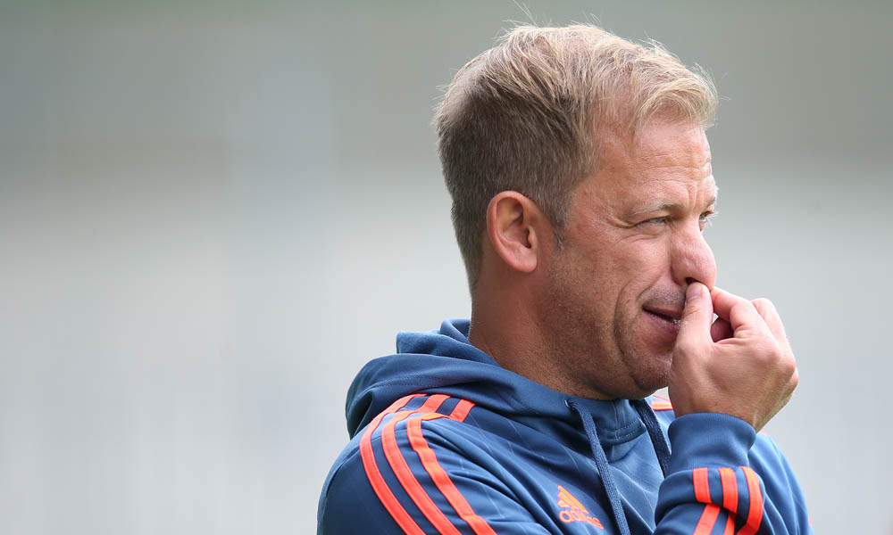 WOLFSBURG, GERMANY - JUNE 12: Head coach Markus Anfang of Leverkusen reacts prior to the U17 German Championship Semi Final Second Leg between VfL Wolfsburg U17 and Bayer 04 Leverkusen U17 on June 12, 2016 in Wolfsburg, Germany. (Photo by Ronny Hartmann/Bongarts/Getty Images) *** Local caption *** Markus Anfang