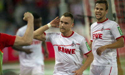 COLOGNE, GERMANY - AUGUST 13: Christian Clemens of Cologne (L) celebrates after scoring during the Second Bundesliga match between 1. FC Koeln and 1. FC Union Berlin at RheinEnergieStadion on August 13, 2018 in Cologne, Germany. (Photo by Juergen Schwarz/Bongarts/Getty Images)