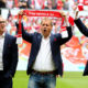 COLOGNE, GERMANY - MAY 23: (L-R) Toni Shcumacher, vice-president, chairman Alexander Wehrle, Markus Ritterbach, vice-president of Koeln and president Werner Spinner of Kolen sing the anthem prior to the Bundesliga match between 1. FC Koelan and VfL Wolfsburg at RheinEnergieStadion on May 23, 2015 in Cologne, Germany. (Photo by Christof Koepsel/Bongarts/Getty Images)