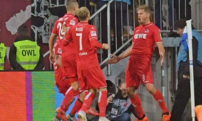 BIELEFELD, GERMANY - SEPTEMBER 28: (L-R) Dominick Drexler, Marcel Risse and Simon Terodde of Koeln celebrate their teams second goal during the Second Bundesliga match between DSC Arminia Bielefeld and 1. FC Koeln at Schueco Arena on September 28, 2018 in Bielefeld, Germany. (Photo by Thomas Starke/Bongarts/Getty Images)