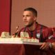 KOBE, JAPAN - JULY 06: Vissel Kobe new player Lukas Podolski poses a picture with his welcom cake during a press conference on July 6, 2017 in Kobe, Hyogo, Japan. (Photo by Buddhika Weerasinghe/Getty Images)