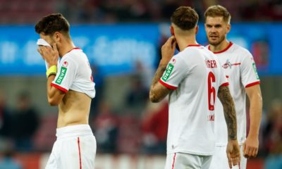 COLOGNE, GERMANY - OCTOBER 08: Jonas Hector of Koeln, Marco Hoeger of Koeln and Simon Terodde of Koeln are looking dejected during the Second Bundesliga match between 1. FC Koeln and MSV Duisburg at RheinEnergieStadion on October 8, 2018 in Cologne, Germany. (Photo by Lars Baron/Bongarts/Getty Images)