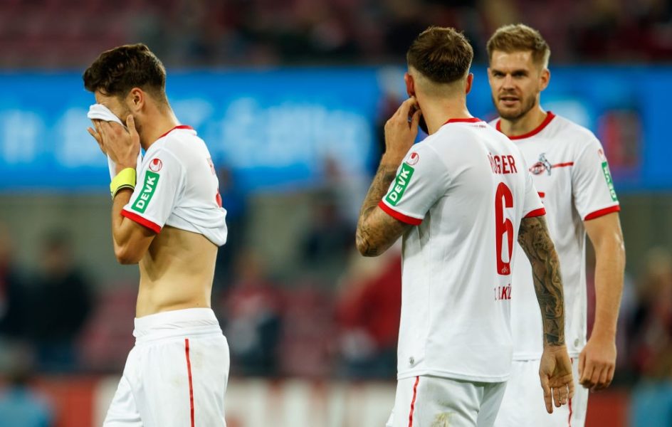 COLOGNE, GERMANY - OCTOBER 08: Jonas Hector of Koeln, Marco Hoeger of Koeln and Simon Terodde of Koeln are looking dejected during the Second Bundesliga match between 1. FC Koeln and MSV Duisburg at RheinEnergieStadion on October 8, 2018 in Cologne, Germany. (Photo by Lars Baron/Bongarts/Getty Images)