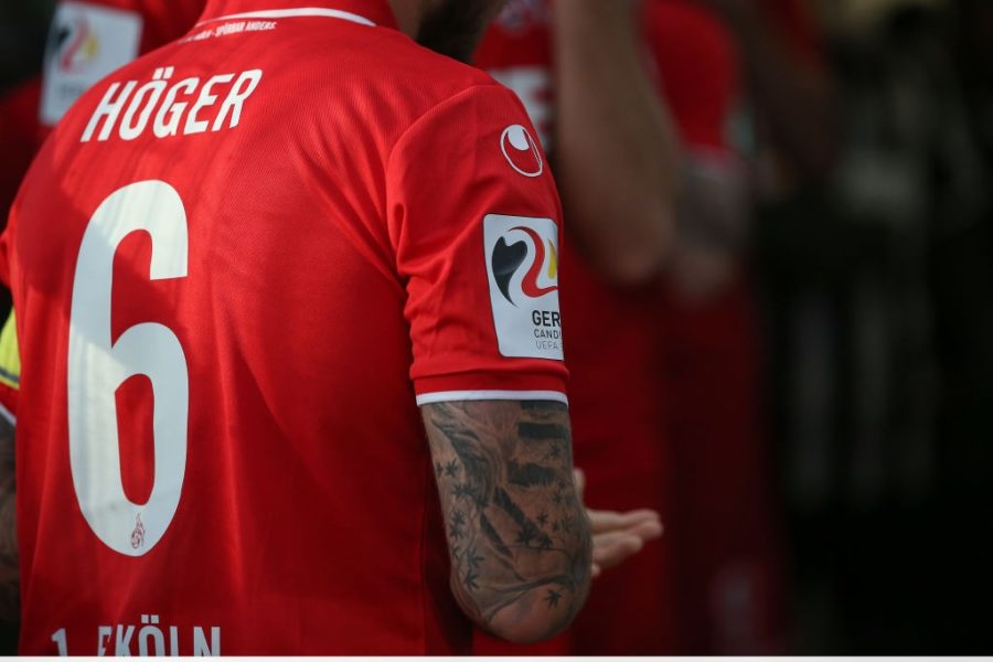 SANDHAUSEN, GERMANY - SEPTEMBER 21: A badge to promote the German candidation for EURO 2024 is seen on the tricot of Marco Hoeger of Cologne prior to the Second Bundesliga match between SV Sandhausen and 1. FC Koeln at BWT-Stadion am Hardtwald on September 21, 2018 in Sandhausen, Germany. (Photo by Christian Kaspar-Bartke/Bongarts/Getty Images)