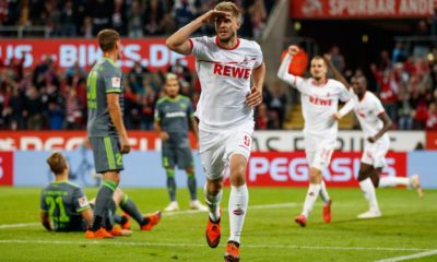 COLOGNE, GERMANY - SEPTEMBER 25: Simon Terodde of Koeln celebrates after scoring his teams second goal during the Second Bundesliga match between 1. FC Koeln and FC Ingolstadt 04 at RheinEnergieStadion on September 25, 2018 in Cologne, Germany. (Photo by Lars Baron/Bongarts/Getty Images