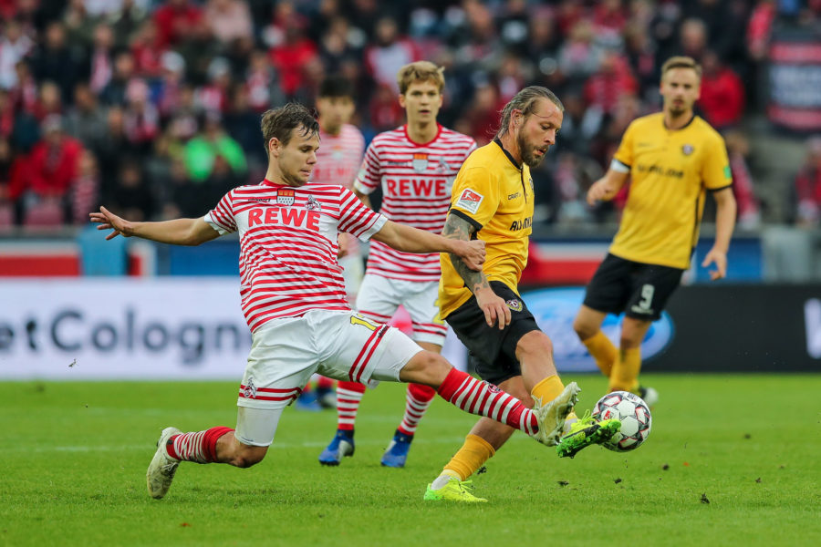 vl. Louis Schaub (Koeln), Patrick Ebert (Dresden), 1. FC Koeln - SG Dynamo Dresden, DFL regulations prohibit any use of photographs as image sequences and/or quasi-video.