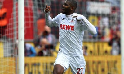 Cologne's French striker Anthony Modeste celebrates after scoring during the German first division Bundesliga football match between FC Cologne and FC Ingolstadt 04, in Cologne, western Germany, on October 15, 2016. / AFP / PATRIK STOLLARZ / RESTRICTIONS: DURING MATCH TIME: DFL RULES TO LIMIT THE ONLINE USAGE TO 15 PICTURES PER MATCH AND FORBID IMAGE SEQUENCES TO SIMULATE VIDEO. == RESTRICTED TO EDITORIAL USE == FOR FURTHER QUERIES PLEASE CONTACT DFL DIRECTLY AT + 49 69 650050 (Photo credit should read PATRIK STOLLARZ/AFP/Getty Images)
