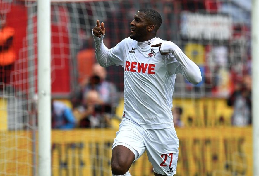 Cologne's French striker Anthony Modeste celebrates after scoring during the German first division Bundesliga football match between FC Cologne and FC Ingolstadt 04, in Cologne, western Germany, on October 15, 2016. / AFP / PATRIK STOLLARZ / RESTRICTIONS: DURING MATCH TIME: DFL RULES TO LIMIT THE ONLINE USAGE TO 15 PICTURES PER MATCH AND FORBID IMAGE SEQUENCES TO SIMULATE VIDEO. == RESTRICTED TO EDITORIAL USE == FOR FURTHER QUERIES PLEASE CONTACT DFL DIRECTLY AT + 49 69 650050 (Photo credit should read PATRIK STOLLARZ/AFP/Getty Images)