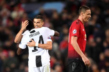 MANCHESTER, ENGLAND - OCTOBER 23: Cristiano Ronaldo of Juventus and Blaise Matuidi of Juventus celebrate following their sides victory in during the Group H match of the UEFA Champions League between Manchester United and Juventus at Old Trafford on October 23, 2018 in Manchester, United Kingdom. (Photo by Laurence Griffiths/Getty Images)