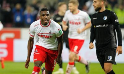 COLOGNE, GERMANY - DECEMBER 17: Jhon Cordoba of Cologne (L) celebrates scoring the 1:0 goal during the Second Bundesliga match between 1. FC Koeln and 1. FC Magdeburg at RheinEnergieStadion on December 17, 2018 in Cologne, Germany. (Photo by Mika Volkmann/Bongarts/Getty Images)