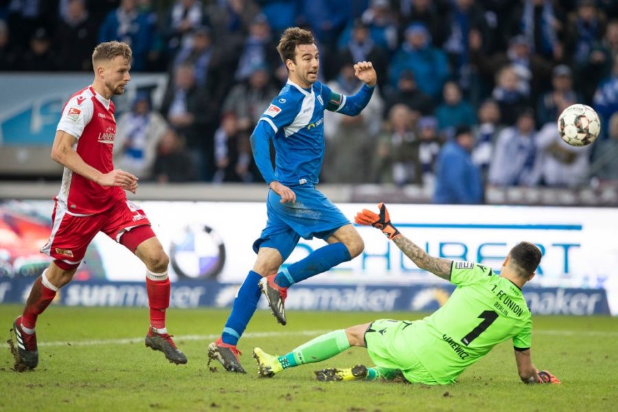 MAGDEBURG, GERMANY - DECEMBER 09: Christian Beck #11 of 1.FC Magdeburg scores his team's first goal during the Second Bundesliga match between 1. FC Magdeburg and 1. FC Union Berlin at MDCC Arena on December 9, 2018 in Magdeburg, Germany. (Photo by Maja Hitij/Bongarts/Getty Images)