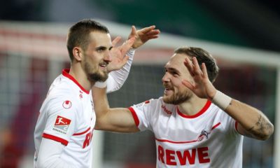 COLOGNE, GERMANY - DECEMBER 17: Dominick Drexler of Cologne (L) celebrates scoring the 2:0 goal with Rafael Czichos of Cologne during the Second Bundesliga match between 1. FC Koeln and 1. FC Magdeburg at RheinEnergieStadion on December 17, 2018 in Cologne, Germany. (Photo by Mika Volkmann/Bongarts/Getty Images)