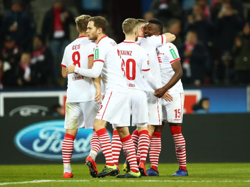 COLOGNE, GERMANY - FEBRUARY 08: Jhon Cordoba of FC Koln (15) celebrates after scoring his team's third goal and completes his hat trick with team mates during the Second Bundesliga match between 1. FC Koeln and FC St. Pauli at RheinEnergieStadion on February 08, 2019 in Cologne, Germany. (Photo by Maja Hitij/Bongarts/Getty Images)