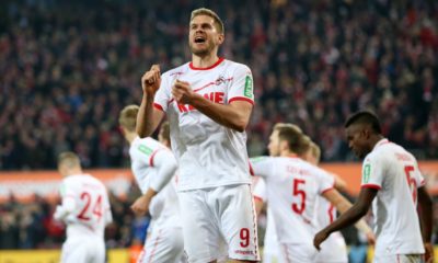 COLOGNE, GERMANY - FEBRUARY 08: Simon Terodde of FC Koln (9) celebrates after scoring his team's fourth goal with team mates during the Second Bundesliga match between 1. FC Koeln and FC St. Pauli at RheinEnergieStadion on February 08, 2019 in Cologne, Germany. (Photo by Maja Hitij/Bongarts/Getty Images)