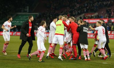 COLOGNE, GERMANY - FEBRUARY 08: FC Koln players celebrate victory after the Second Bundesliga match between 1. FC Koeln and FC St. Pauli at RheinEnergieStadion on February 08, 2019 in Cologne, Germany. (Photo by Maja Hitij/Bongarts/Getty Images)