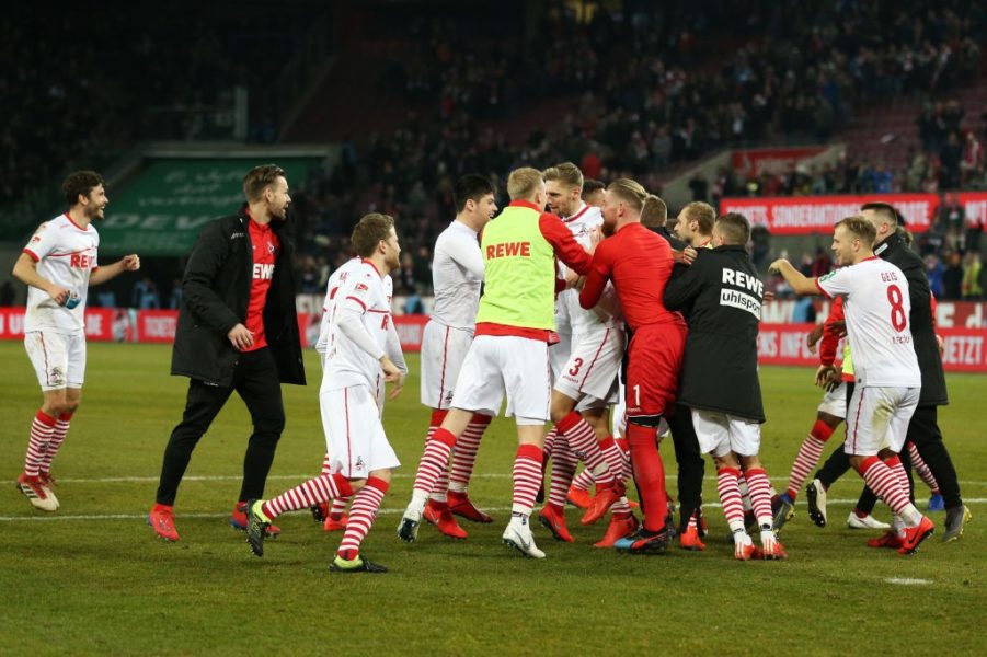 COLOGNE, GERMANY - FEBRUARY 08: FC Koln players celebrate victory after the Second Bundesliga match between 1. FC Koeln and FC St. Pauli at RheinEnergieStadion on February 08, 2019 in Cologne, Germany. (Photo by Maja Hitij/Bongarts/Getty Images)