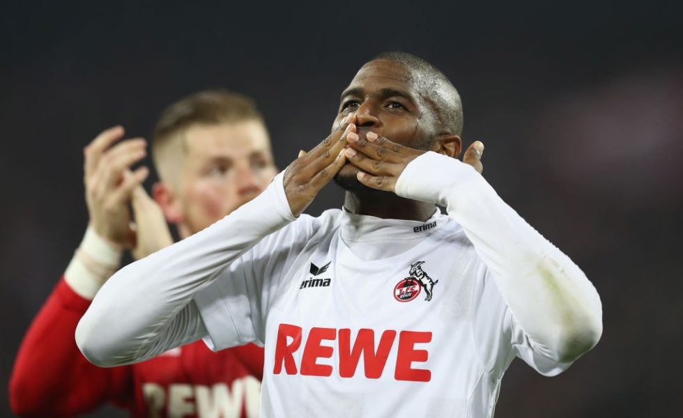 COLOGNE, GERMANY - MAY 05: Anthony Modeste of Koeln celebrates after the Bundesliga match between 1. FC Koeln and Werder Bremen at RheinEnergieStadion on May 5, 2017 in Cologne, Germany. (Photo by Lars Baron/Bongarts/Getty Images)