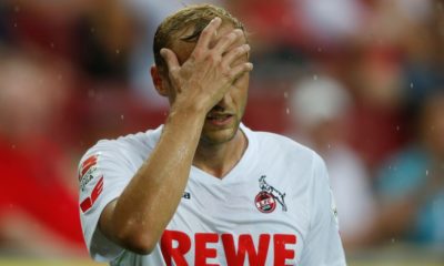 Cologne's midfielder Marcel Risse reacts during the German first division Bundesliga football match of FC Cologne vs SV Darmstadt 98 in Cologne, western Germany, on August 27, 2016.