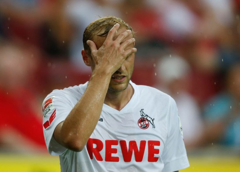 Cologne's midfielder Marcel Risse reacts during the German first division Bundesliga football match of FC Cologne vs SV Darmstadt 98 in Cologne, western Germany, on August 27, 2016.