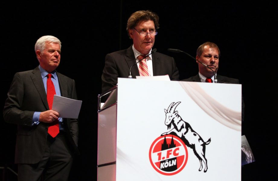 COLOGNE, GERMANY - APRIL 23: (L-R) Werner Spinner, Toni Schumacher and Markus Ritterbach present their concept during the extraordinary general meeting of 1. FC Koeln at LANXESS Arena on April 23, 2012 in Cologne, Germany. (Photo by Christof Koepsel/Bongarts/Getty Images)