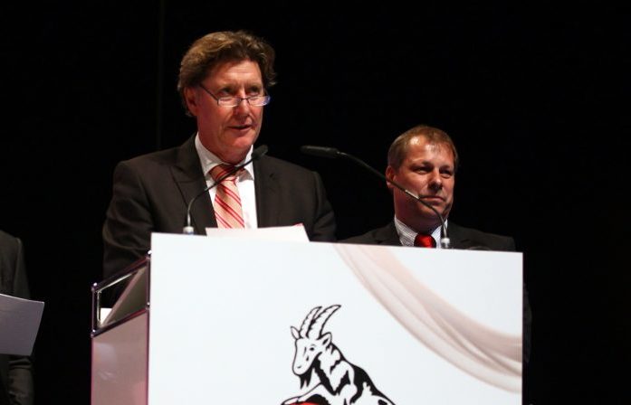 COLOGNE, GERMANY - APRIL 23: (L-R) Werner Spinner, Toni Schumacher and Markus Ritterbach present their concept during the extraordinary general meeting of 1. FC Koeln at LANXESS Arena on April 23, 2012 in Cologne, Germany. (Photo by Christof Koepsel/Bongarts/Getty Images)