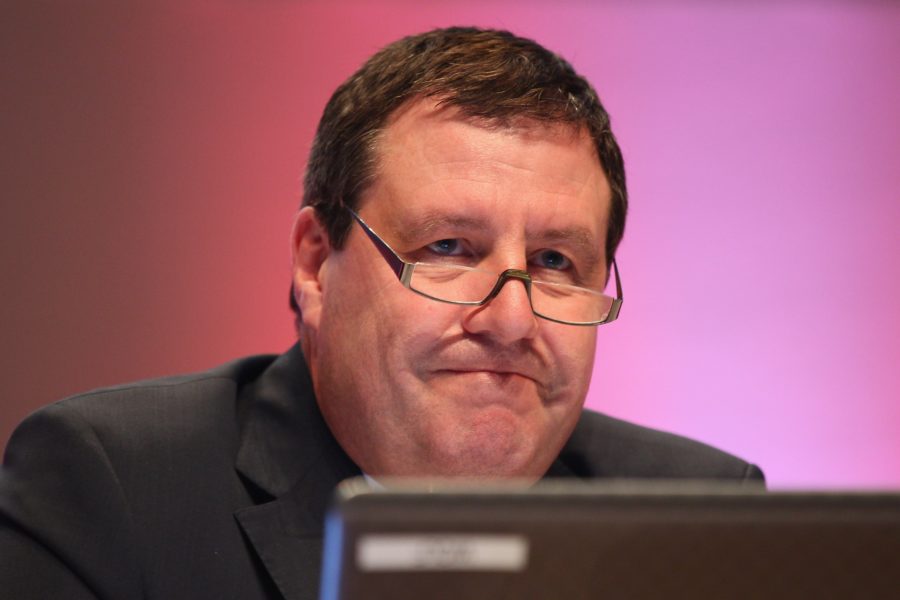 COLOGNE, GERMANY - APRIL 23: Werner Wolf, chairman of the administrative board leads the the extraordinary general meeting of 1. FC Koeln at LANXESS Arena on April 23, 2012 in Cologne, Germany. (Photo by Christof Koepsel/Bongarts/Getty Images)