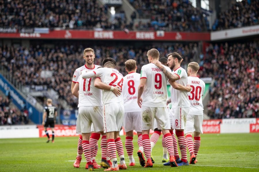COLOGNE, GERMANY - MARCH 09: Simon Terodde #9 of 1. FC Koeln celebrates scoring her sides fourth goal during the Second Bundesliga match between 1. FC Koeln and DSC Arminia Bielefeld at RheinEnergieStadion on March 09, 2019 in Cologne, Germany. (Photo by Maja Hitij/Bongarts/Getty Images)