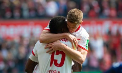 COLOGNE, GERMANY - MARCH 31: Jhon Cordoba of Cologne (L) and Simon Terodde celebrate during the Second Bundesliga match between 1. FC Koeln and Holstein Kiel at RheinEnergieStadion on March 31, 2019 in Cologne, Germany. (Photo by Juergen Schwarz/Bongarts/Getty Images)