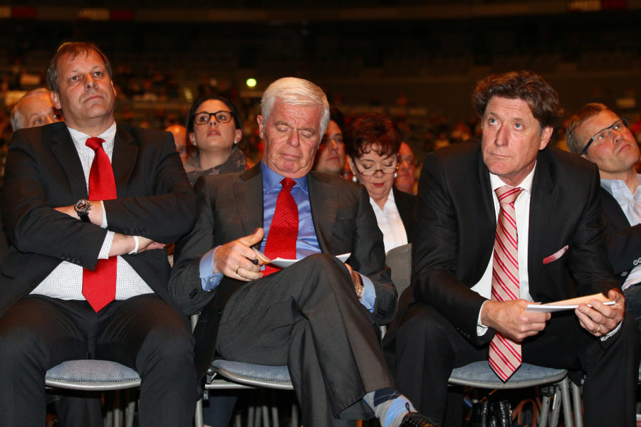 COLOGNE, GERMANY - APRIL 23: (L-R) The designated vice-president Markus Ritterbach, the designated president Werner Spinner and the designated vice-president Toni Schumacher attend the extraordinary general meeting of 1. FC Koeln at LANXESS Arena on April 23, 2012 in Cologne, Germany. (Photo by Christof Koepsel/Bongarts/Getty Images)