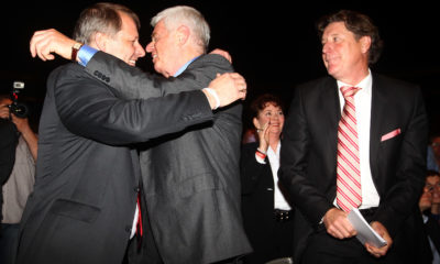 COLOGNE, GERMANY - APRIL 23: (L-R) Markus Ritterbach, vice-president, Werner Spinner, president and Toni Schumacher, vice-president celebrate after bein voted during the extraordinary general meeting of 1. FC Koeln at LANXESS Arena on April 23, 2012 in Cologne, Germany. (Photo by Christof Koepsel/Bongarts/Getty Images)