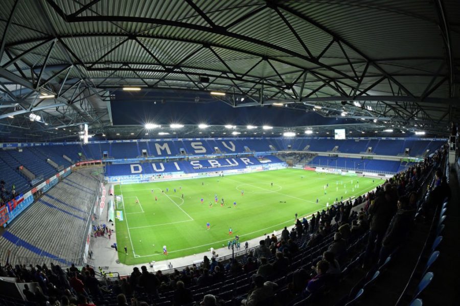 DUISBURG, GERMANY - FEBRUARY 25: (EDITORS NOTE: A fisheye lens was used creating this photo) A general view of the stadium prior to the 3. Liga match between KFC Uerdingen 05 and SC Preussen Muenster at Schauinsland-Reisen-Arena on February 25, 2019 in Duisburg, Germany. (Photo by Thomas F. Starke/Bongarts/Getty Images)
